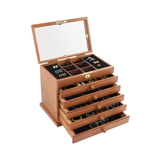 Large Jewelry Box Organizer with Lock & Mirror, 6-layer Retro Wooden Jewelry Organizers Storage Boxes for Rings Earrings Necklaces Bracelets,Womens Girls Mother's Gifts - color: Brown C, size: 6-Layer
