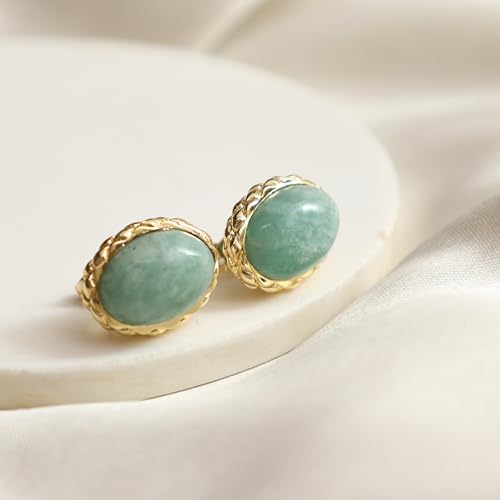 Gempires Bold Oval Gemstone Stud Earrings for Women – Natural Healing Stone Jewelry 14K Gold-Plated Hypoallergenic Tarnish-Resistant – Bold Statement Studs Gift for Her - style: Amazonite