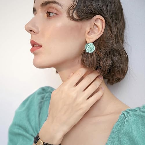 Handmade Bohemian Aesthetic Dainty Acrylic Flower Petal Leverback Earrings Sparkly 14K Gold Floral Dangle Drop Earrings for Women - color: Blue Green