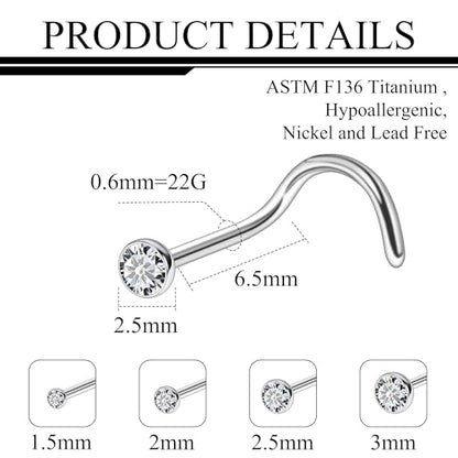 ASTM F136 Titanium Nose Rings 18G 20G 22G Jeweled Clear Round Cubic Zirconia Nose Studs Ring Screw L-Shaped Bone Hypoallergenic Body Piercing Jewelry for Women 1.5mm 2mm 2.5mm 3mm 4PCS - style: Screw:22G(0.6mm)