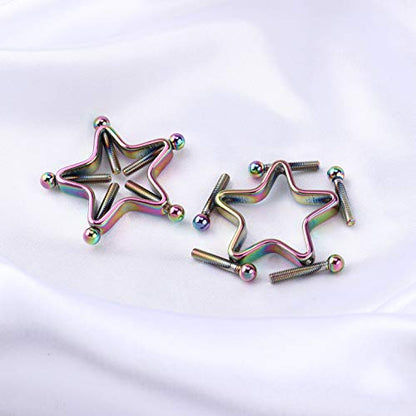 1 Pair Adults Non-Piercings Nipple Shield Adjustable Body Piercing Geometric Stars Nipple Clamp Ring Body Jewelry - color: #1 Rainbow Color