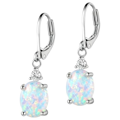 Dainty Opal Earrings for Women Sterling Silver Pear Oval Blue Opal Dangle Earrings Leverback Earrings Gold - color: leverback-white opal
