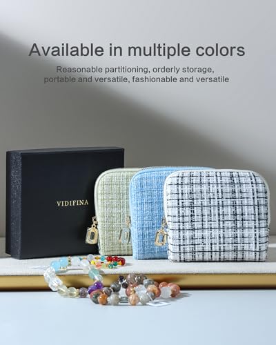 Travel Jewelry Pouch, 5-Layer Tweed Pouch, Blue | Anti-Scratch, Tangle-Free, Bracelets Earrings Necklaces, YKK Zipper Ring Pull, Tweed Fabric, Travel Jewelry Case, Gift - color: WOVEN-Blue