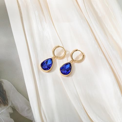 Crystals Teardrop Dangle Drop Earrings, 18K Gold Plated Hoop Earrings Zirconia Jewelry for Women Gifts - color: Navy blue