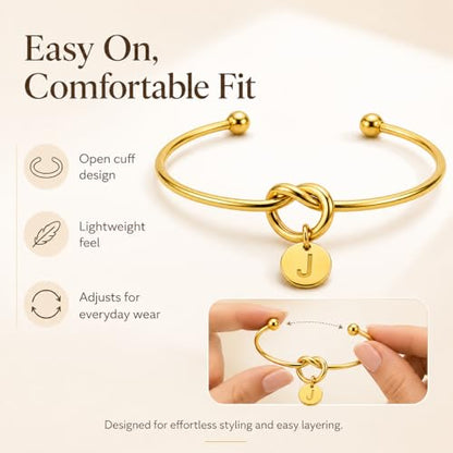 LemonRose Initial Bracelets for Women - Dainty Tie the Knot Letter A-Z 14K Gold Plated for Women Gold Cuff Bracelet for Womens Jewelry Personalized Bridesmaid Proposal Gifts - color: Gold J