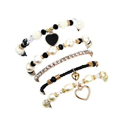 Pingyongchang Bohemian Stackable Beaded Bracelets Set for Women Multicolor Stretch Faux Pearl Heart Crystal Stretchy Bangles Multilayered Handmade Friendship Holiday Beach Jewelry Mother's Day Gifts - color: Black