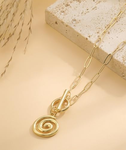 Chunky Gold Necklace for Women Trendy Non Tarnish 14K Gold Plated Paperclip Chain Charm Necklaces Chunky Heart Cross Clover Pearl Pendant Necklace with Toggle Clasp Statement Jewelry Gift for Women - color: E-Spiral