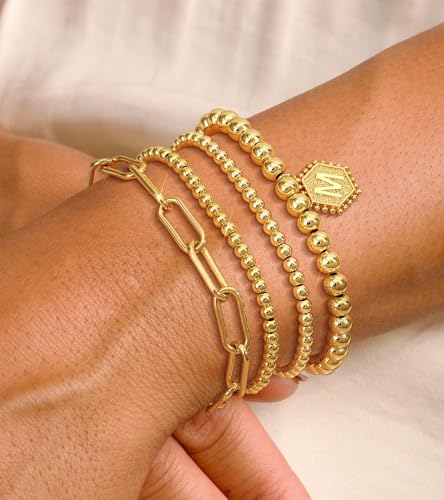 doubgood Gold Bracelets for Women, 14K Gold Plated Stackable Initial Beaded Bracelet with Letter Pendant Waterproof Stretch Trendy Stack Jewelry Set Gifts for Mom Christmas - color: P - Gold