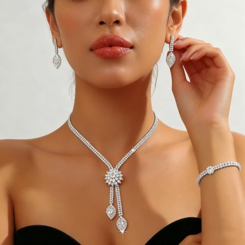 4 Pieces Cubic Zirconia Wedding Jewelry Sets for Bride Rhinestone Bridal Jewelry Set Necklace Bracelet Earring Ring for Brides Bridesmaid for Wedding Party - color: 3 PCS-Silver