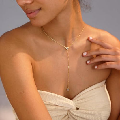 Gold Necklace for Women, Dainty Long Necklace 14k Gold Plated Lariat Long Necklaces for Women Trendy Simple Statement Drop Necklace Fashion Body Chain Prom Jewelry Gold Accessories - color: 23-Gold