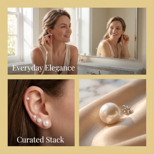 12 Pairs Pearl Stud Earrings for Women | White Pearl CZ Ball Hypoallergenic Earrings, Bridal Simulated Pearl Rhinestone Pearls Stud Earrings Jewelry Set for Wedding - color: Clear