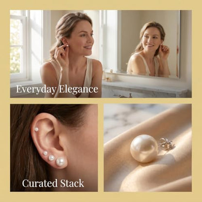 12 Pairs Pearl Stud Earrings for Women | White Pearl CZ Ball Hypoallergenic Earrings, Bridal Simulated Pearl Rhinestone Pearls Stud Earrings Jewelry Set for Wedding - color: Clear