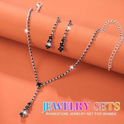 Bride Silver Bridal Necklace Earrings Set Crystal Wedding Jewelry Set Rhinestone Choker Necklace for Women and Brides - color: F Black