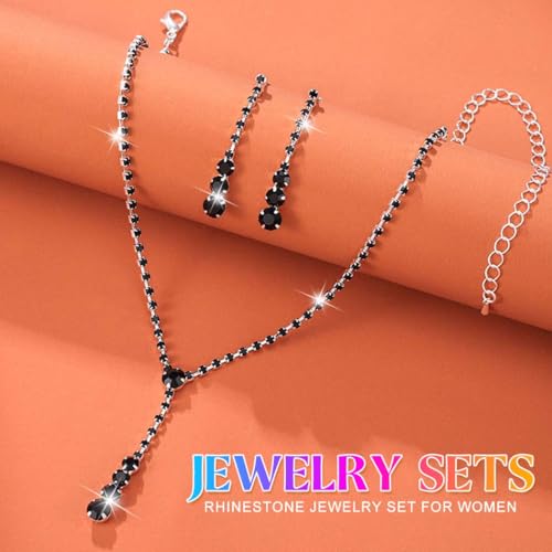 Bride Silver Bridal Necklace Earrings Set Crystal Wedding Jewelry Set Rhinestone Choker Necklace for Women and Brides - color: F Black