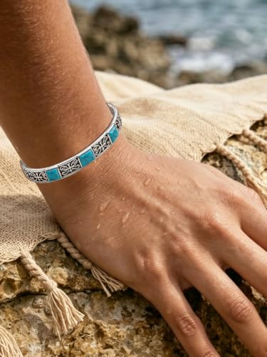 Native American Genuine Turquoise Cuff Bracelet for Women, 925 Sterling Silver Turquoise Boho Bangle, Adjustable Open Cuff Fits 6-7.5 Inches - style: Cross