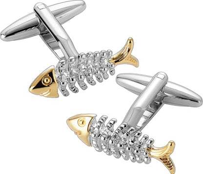 HAWSON Various Unique Cuff Links Mens, Animal/Tactical/Music/Holiday/Cufflinks, Themed Wedding Dinner Party Gift Suit Accessories - style: Fish Skeleton