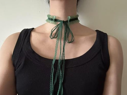 MOMOCAT Lace Choker Necklace for Women Bridal 90s Gothic Tatoo Choker Collar Kawaii Chocker Necklace Flower Ribbon Lolita Accessories - color: Green