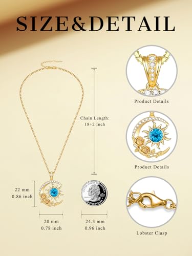 Midari 18K Yellow Gold Sun Moon Star Pendant Rose Flower Necklaces I Love You Forever Sun Moon Jewelry Gift for Mother Women - color: 12-Dec-Topaz, style: Sun&Moon