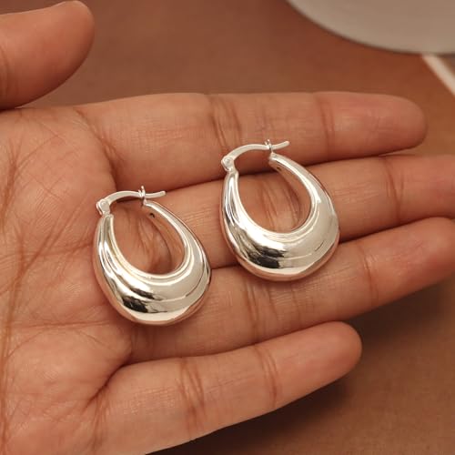 LeCalla Sterling Silver Hoop Earrings for Women | Lightweight Silver Chunky Hoop Earrings | Handmade Electroform Hollow Italian Design Click-Top Earrings Hoop - color: Chunky Thick Oval