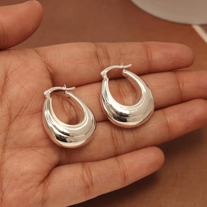 LeCalla Sterling Silver Hoop Earrings for Women | Lightweight Silver Chunky Hoop Earrings | Handmade Electroform Hollow Italian Design Click-Top Earrings Hoop - color: Chunky Thick Oval