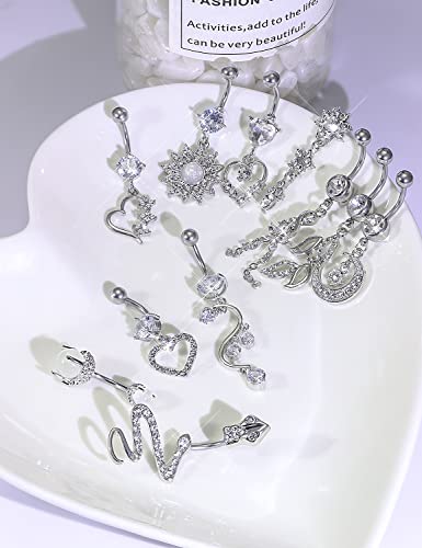 Prjndjw Belly Button Dangle 14G Surgical Steel Rings Pregnancy Snakes Glow CZ Heart Silver 11pcs Piercing Kit - color: Silver White Belly button ring