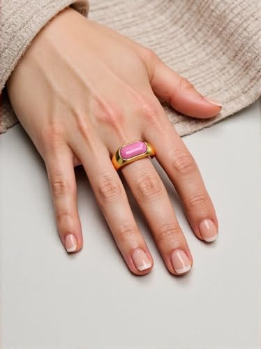 MYNENEY Signet Mens Pinky Rings Statement Wedding for Women - color: Pink stone-Gold