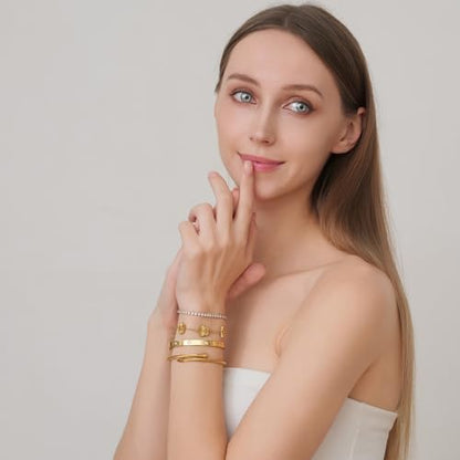 18 K Gold Plated Love Bangle Bracelet Stack for Women,Set of 4 Floral Clover Chain, Tennis Crystal &Gold Stackable Bangle Bracelet -Adjustable Layered Jewelry Gift for Wife Valentines Mother's Day-MVCOLEDY - color: Gold