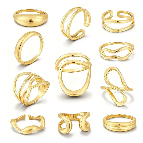 FAXHION 12PCS Gold Stackable Rings Set for Women, 18K Gold Plated Open Stacking Knuckle Ring, Adjustable Chunky Signet Band Statement Ring for Gift - color: 3-Gold Irregular