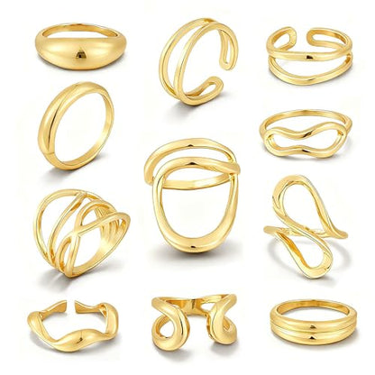 FAXHION 12PCS Gold Stackable Rings Set for Women, 18K Gold Plated Open Stacking Knuckle Ring, Adjustable Chunky Signet Band Statement Ring for Gift - color: 3-Gold Irregular