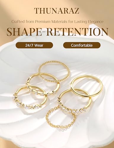 THUNARAZ Gold Rings for Women Non Tarnish Dainty Stackable Thumb Ring Set | 14K Gold Plated Ring Size 5-10, Stacking Rings for Women, Waterproof Chain Ring for Women, Engagement Promise Wedding Rings