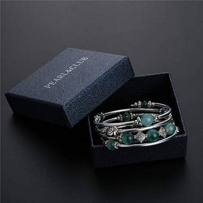 Beaded Pearl Bangle Wrap Bracelet - Fashion Bohemian Jewelry Multilayer Charm Bracelet with Thick Silver Metal Beads, Gift For Women - color: Jade Green
