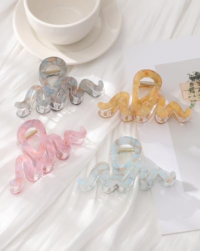 4Pcs Large Hair Claw Clips, Nonslip Cute Jelly Hair Clips for Thick Hair and Long Hair - color: Wave-Pink + Gray + Yellow + Cyan