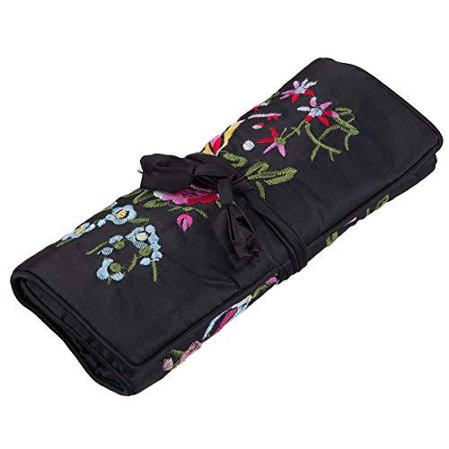 TUMBEELLUWA Embroidery Travel Jewelry Bag Roll Embroidered Flower and Bird Brocade Organizer with Tie Close - color: #3 Black