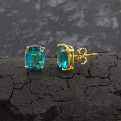 Women's 18K Gold Plated 8x10mm Princess Cut Gemstone Stud Earrings – Birthstone Jewelry for Her – Classic Cushion Studs - color: Swiss Blue Topaz