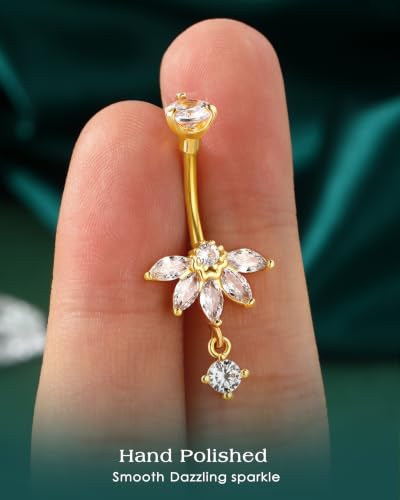 Lotus Belly Button Rings, 14G Dangle Belly Navel Rings for Women, Stainless Steel Belly Navel Piercing Jewelry - color: Gold-10MM