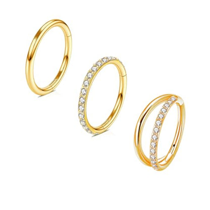16G 18G 6mm 8mm 10mm Hinged Clicker Segment CZ Twisted Clicker Nose Rings Hoop Helix Cartilage Daith Tragus Sleeper Earrings Body Piercing for Women Men - style: 18G - 8mm - 3Pcs Gold - 2 Layer