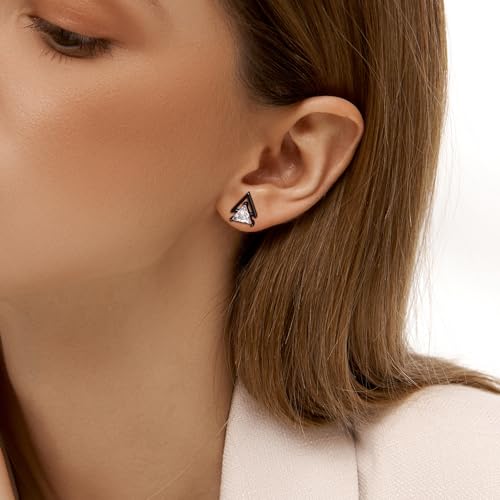 Unisex Geometric Triangle Stud Earrings, Stainless Steel Minimalist Cubic Zirconia Pierced Post Earrings for Men Women - style: Double Layer-Black