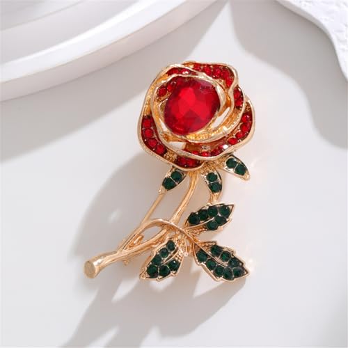 Red Rose Flower Brooches Pins for Women Men Elegant Crystal Flower Lapel Pin Retro Suit Hat Dress Accessories Wedding Valentine's Day Jewelry Gift - style: Crystal Red