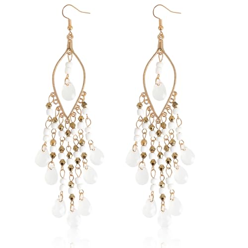 Boho Chandelier Earrings, Beaded Tasse Dangle Earring for Women, Red, Black, Blue, White, Colorful Long Earrings - color: White