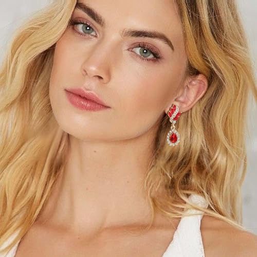 EleQueen Women's Austrian Crystal Art Deco Tear Drop Dangle Earrings Clip-on - color: 02-Gold-tone Ruby Color