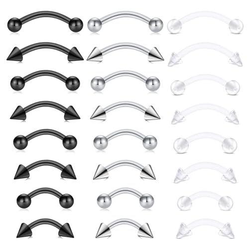 FECTAS 24PCS Eyebrow Rook Piercing Jewelry 16G Earrings Vertical Labret Lip Jewelry Curved Barbell Eyebrow Rings Ear Rook Helix Conch Daith Piercing Jewelry 6/8/10/12mm Plastic Retainers - color: black,silver,clear