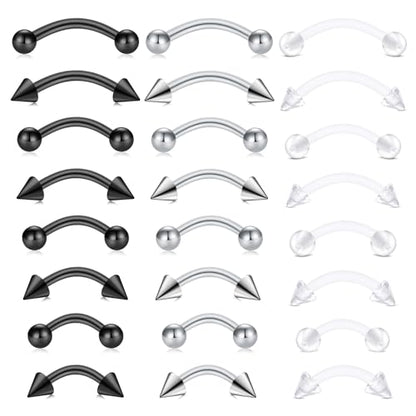 FECTAS 24PCS Eyebrow Rook Piercing Jewelry 16G Earrings Vertical Labret Lip Jewelry Curved Barbell Eyebrow Rings Ear Rook Helix Conch Daith Piercing Jewelry 6/8/10/12mm Plastic Retainers - color: black,silver,clear