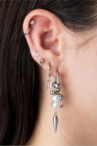 Stainless Steel Horseshoe Barbell Simulated Pearl Spike Dangling Hoop Earrings, Sold as a Pair