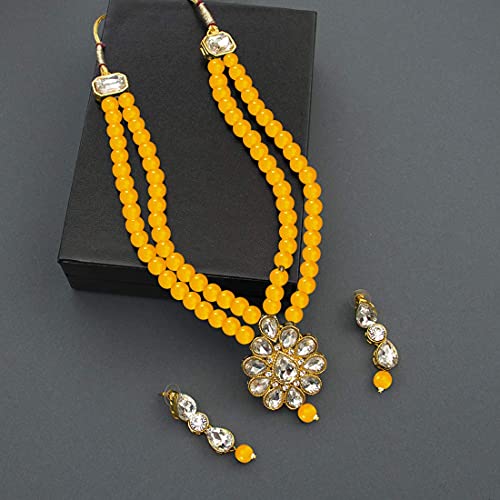 Aheli Wedding Faux Kundan Pendant Beaded Necklace Earrings Set Bollywood Indian Bharatanatyam jewellery set Gift for Women - color: Yellow