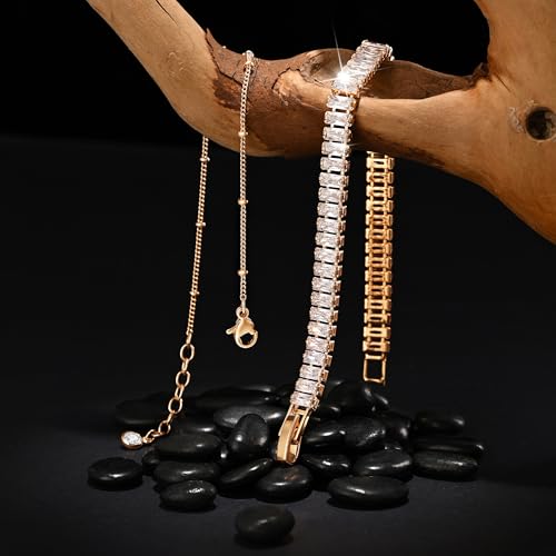Bracelet for Women Gold Layered Set 14K Gold Filled Stackable Bracelets Trendy Figaro Satellite Chain Cuban Link Minimalist Dainty Bracelet Tennis Bracelet Jewelry - style: Tennis & Satellite
