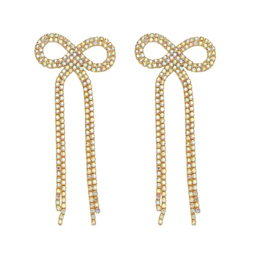 Rhinestone Earrings Dangling for Women Sparkly Silver Dangle Earrings Girls Long Chandelier Earrings Tassel Lightweight Ear Studs Cubic Zirconia (KE001S-W) - color: Bow 516286GL-WAB