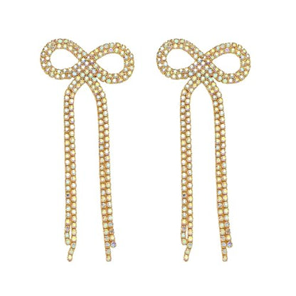 Rhinestone Earrings Dangling for Women Sparkly Silver Dangle Earrings Girls Long Chandelier Earrings Tassel Lightweight Ear Studs Cubic Zirconia (KE001S-W) - color: Bow 516286GL-WAB