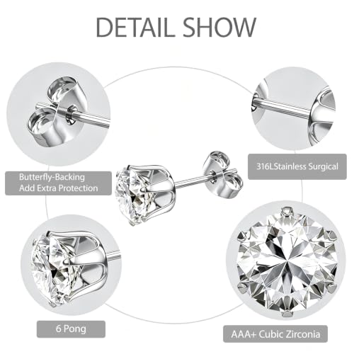 6/12 Pairs Silver Gold Stainless Steel Stud Earrings Set for Women Men | Hypoallergenic, 3 4 5 6 7 8 mm CZ, Lightweight, 14K Gold Plated Surgical 316L, Cubic Zirconia, Multiple Piercing Jewelry - color: Silver-6Pairs
