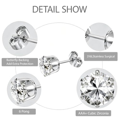 6/12 Pairs Silver Gold Stainless Steel Stud Earrings Set for Women Men | Hypoallergenic, 3 4 5 6 7 8 mm CZ, Lightweight, 14K Gold Plated Surgical 316L, Cubic Zirconia, Multiple Piercing Jewelry - color: Silver-6Pairs