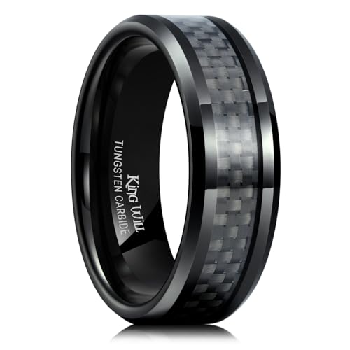King Will 8mm Mens Tungsten Wedding Rings Carbon Fiber Plaid Inlaid Polished - color: Black-Grey Fiber, size: 8.5